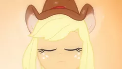 Size: 3410x1920 | Tagged: safe, derpibooru import, screencap, applejack, equestria girls, equestria girls (movie), cowboy hat, eyes closed, fall formal outfits, female, hat, high res, image, jpeg, ponied up, solo