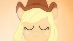 Size: 3410x1920 | Tagged: safe, derpibooru import, screencap, applejack, equestria girls, equestria girls (movie), cowboy hat, eyes closed, fall formal outfits, female, hat, high res, image, jpeg, ponied up, smiling, solo