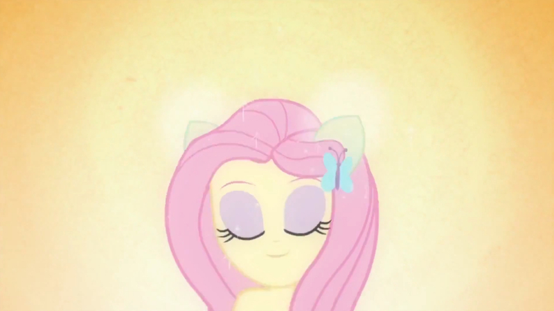 Size: 3410x1920 | Tagged: safe, derpibooru import, screencap, fluttershy, equestria girls, equestria girls (movie), bare shoulders, eyes closed, female, hairpin, high res, image, jpeg, ponied up, sleeveless, smiling, solo, strapless