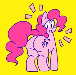 Size: 879x873 | Tagged: suggestive, artist:qoolguy, derpibooru import, pinkie pie, earth pony, pony, balloonbutt, butt, female, image, jpeg, looking at you, looking back, plot, simple background, smiling, solo, solo female, yellow background