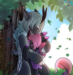 Size: 1161x1200 | Tagged: safe, artist:brainiac, derpibooru import, oc, oc:december, oc:love letters, kirin, collar, cuddling, cute, face in floof, female, hug, image, male, ocbetes, png, shipping, snuggling, solo