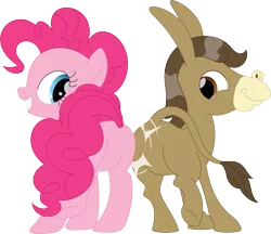 Size: 3557x3075 | Tagged: safe, artist:porygon2z, derpibooru import, pinkie pie, oc, oc:duncan, donkey, earth pony, pony, butt bump, duo, female, image, male, mare, png, simple background, transparent background
