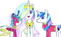 Size: 500x307 | Tagged: safe, artist:ewxep, derpibooru import, princess cadance, princess celestia, queen chrysalis, shining armor, alicorn, changeling, changeling queen, pony, unicorn, canterlot wedding 10th anniversary, clothes, colored pencil drawing, dress, fake, fake cadance, faker than a three dollar bill, female, image, male, png, simple background, traditional art, trio, uniform, wedding dress, white background