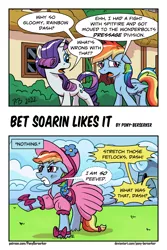 Size: 2100x3150 | Tagged: safe, artist:pony-berserker, derpibooru import, rainbow dash, rarity, pegasus, pony, unicorn, wonderbolts academy, annoyed, clothes, comic, dress, female, hat, image, implied shipping, implied soarindash, implied spitfire, implied straight, male, mare, offscreen character, offscreen male, peeved, png, punishment, rainbow dash always dresses in style, sad, speech bubble, tomboy taming