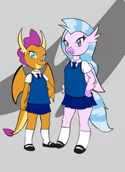 Size: 1280x1758 | Tagged: safe, artist:reimon-master-ii, derpibooru import, silver spoon, silverstream, smolder, dragon, hippogriff, human, clothes, cute, dragon tail, happy, humanized, image, jpeg, looking at you, photo, school uniform, serious, serious face, short skirt, silverbetes, skirt, smiling, smiling at you, smolderbetes, tail, uniform, wings