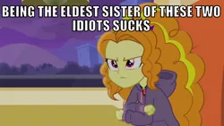 Size: 1066x600 | Tagged: safe, derpibooru import, edit, edited screencap, editor:twi clown, screencap, adagio dazzle, equestria girls, rainbow rocks, adagio dazzle is not amused, caption, choker, clothes, female, hoodie, image, image macro, implied aria blaze, implied sonata dusk, png, solo, text, unamused, vulgar