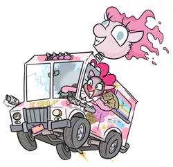 Size: 668x645 | Tagged: safe, artist:jargon scott, derpibooru import, pinkie pie, earth pony, pony, bag, clown, clown nose, female, grin, gun, hand puppet, ice cream truck, image, machine gun, mare, paper bag, png, red nose, simple background, smiling, solo, sweet tooth (twisted metal), truck, twisted metal, weapon, white background