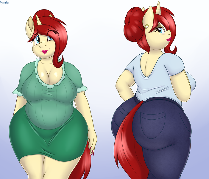 Size: 4800x4100 | Tagged: suggestive, artist:an-tonio, artist:pananovich, derpibooru import, oc, oc:golden brooch, anthro, unicorn, ass, bedroom eyes, big breasts, breasts, butt, cleavage, clothes, dress, eye clipping through hair, fat, female, huge butt, image, jeans, large butt, lipstick, looking at you, looking back, looking back at you, milf, pants, png, skirt, smiling, solo, solo female, thighs, thunder thighs, wide hips