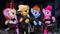 Size: 3840x2160 | Tagged: safe, artist:owlpirate, derpibooru import, applejack, fluttershy, pinkie pie, rainbow dash, earth pony, gnome, pegasus, pony, semi-anthro, 3d, 3k, ammunition, assault rifle, chainsaw, cigar, city, clothes, double barreled shotgun, female, frown, garden gnome, grenade launcher, grin, gritted teeth, gun, handgun, image, jacket, katana, left 4 dead, mare, medkit, molotov cocktail, night, open mouth, open smile, pants, pill bottle, pipe bomb, pistol, png, reloading, rifle, shotgun, shotgun shell, smiling, source filmmaker, sword, teeth, weapon