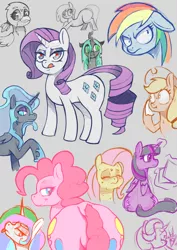 Size: 2480x3508 | Tagged: safe, artist:wild-thunder06, derpibooru import, applejack, fluttershy, gabby, nightmare moon, pinkie pie, princess celestia, queen chrysalis, rainbow dash, rarity, starlight glimmer, twilight sparkle, alicorn, changeling, changeling queen, earth pony, gryphon, pegasus, pony, unicorn, balloonbutt, butt, ethereal mane, eyeshadow, female, floppy ears, folded wings, gray background, image, lidded eyes, makeup, png, reading, simple background, sketch, sweat, tongue out, twibutt, wings
