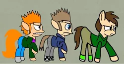 Size: 720x373 | Tagged: safe, artist:darlycatmake, derpibooru import, ponified, pony, angry, edd gould (eddsworld), eddsworld, glare, image, jpeg, looking at someone, looking at something, male, matt (eddsworld), ready to fight, reference, reference to another series, serious, serious face, stop right there criminal scum, tom (eddsworld), trio, trio male, wtf, wtf face