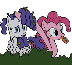 Size: 4000x3580 | Tagged: safe, derpibooru import, pinkie pie, rarity, earth pony, pony, unicorn, bridle gossip, :p, bush, duo, duo female, everfree forest, female, image, leaf, long hoof, png, rarara, simple background, tongue out, transparent background