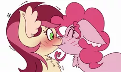 Size: 2500x1500 | Tagged: safe, artist:draconightmarenight, derpibooru import, pinkie pie, roseluck, earth pony, pony, blushing, chest fluff, colored sketch, cute, floppy ears, fur, g4, image, jpeg, kissing, monthly reward, shipping, simple background, trembling, white background