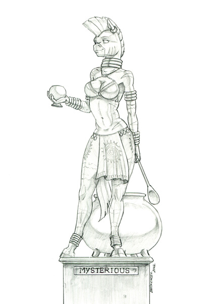 Size: 925x1346 | Tagged: safe, artist:baron engel, derpibooru import, part of a set, zecora, anthro, zebra, breasts, busty zecora, cauldron, clothes, female, goblet, image, jpeg, monochrome, partial nudity, pencil drawing, solo, spoon, statue, traditional art