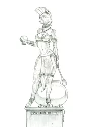 Size: 925x1346 | Tagged: safe, artist:baron engel, derpibooru import, part of a set, zecora, anthro, zebra, cauldron, clothes, female, goblet, image, jpeg, monochrome, partial nudity, pencil drawing, solo, spoon, statue, traditional art