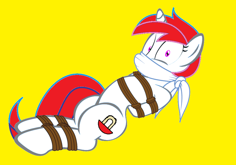 Size: 990x694 | Tagged: safe, derpibooru import, oc, oc:shallow light, pony, unicorn, bondage, bound and gagged, cloth gag, damsel in distress, gag, image, over the nose gag, png, rope, simple background, tied up, yellow background