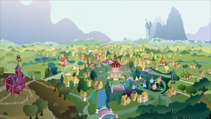 Size: 1813x1024 | Tagged: safe, alternate version, artist:hellswolfeh, derpibooru import, editor:nc-tv, .ai available, .svg available, apple, apple tree, background, canterlot, carousel boutique, fluttershy's cottage, food, high angle, image, mostly sunny, mountain, no pony, png, ponyville, ponyville schoolhouse, ponyville town hall, resource, river, scenery, sweet apple acres, town, tree, vector, water, waterfall