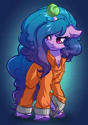 Size: 2838x4000 | Tagged: safe, artist:witchtaunter, derpibooru import, pony, unicorn, ball, clothes, commission, cuffed, cuffs, g5, horn, hornball, image, izzy's tennis ball, never doubt rainbowdash69's involvement, png, prison outfit, prisoner, shackles, solo, tennis ball