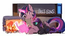 Size: 2033x1144 | Tagged: safe, artist:fan_silversol, derpibooru import, twilight sparkle, oc, oc:nyx, alicorn, pony, unicorn, fanfic:past sins, alicorn oc, book, duo, female, filly, fireplace, foal, horn, image, jpeg, levitation, lying down, magic, mare, prone, telekinesis, unicorn twilight, wings