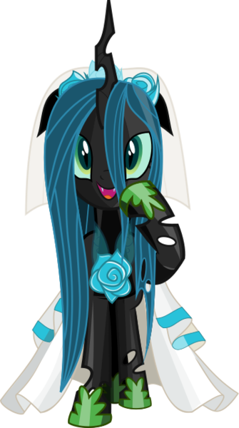 Size: 359x643 | Tagged: safe, anonymous artist, derpibooru import, queen chrysalis, changeling, changeling queen, a canterlot wedding, .svg available, :d, canterlot wedding 10th anniversary, clothes, dress, fangs, female, floral head wreath, flower, hoof shoes, horn, image, open mouth, open smile, png, raised hoof, simple background, smiling, solo, transparent background, vector, wedding dress