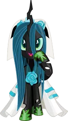 Size: 359x643 | Tagged: safe, anonymous artist, derpibooru import, queen chrysalis, changeling, changeling queen, a canterlot wedding, .svg available, :d, canterlot wedding 10th anniversary, clothes, dress, fangs, female, floral head wreath, flower, hoof shoes, horn, image, open mouth, open smile, png, raised hoof, simple background, smiling, solo, transparent background, vector, wedding dress