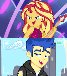 Size: 1067x1200 | Tagged: safe, derpibooru import, edit, edited screencap, screencap, flash sentry, sunset shimmer, best trends forever, equestria girls, equestria girls series, spring breakdown, spoiler:eqg series (season 2), animated, camera, female, flashimmer, gif, guitar, image, male, musical instrument, one eye closed, shipping, shipping domino, straight, wink