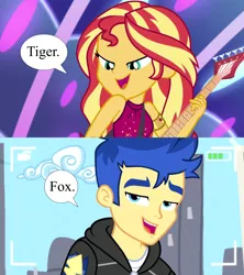 Size: 1920x2160 | Tagged: safe, derpibooru import, edit, edited screencap, screencap, flash sentry, sunset shimmer, best trends forever, equestria girls, equestria girls series, spring breakdown, spoiler:eqg series (season 2), bedroom eyes, camera, female, flashimmer, guitar, image, male, musical instrument, nickname, png, shipping, shipping domino, speech bubble, straight