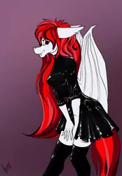 Size: 820x1180 | Tagged: safe, alternate version, artist:stirren, derpibooru import, oc, anthro, bat pony, bat pony oc, bat wings, clothes, commission, dress, floppy ears, image, jpeg, latex, latex dress, long hair, looking at you, pose, simple background, skirt, socks, solo, striped socks, wings, ych result, your character here