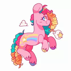 Size: 2800x2800 | Tagged: safe, artist:cocopudu, derpibooru import, stripes (g1), earth pony, pony, cloven hooves, g1, hooves, image, jpeg, multicolored hair, multicolored hooves, rainbow curl pony, simple background, smiling, solo, white background, white pupils