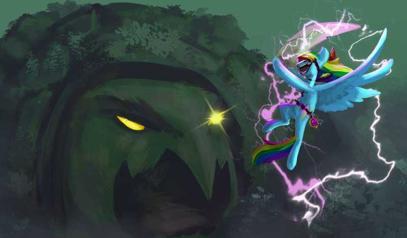 Size: 1368x800 | Tagged: safe, artist:yarugreat, derpibooru import, rainbow dash, pony, turtle, bubble, eyepatch, feather, female, flowing mane, genshin impact, glow, image, lightning, mare, ocean, open mouth, png, solo, spread wings, storm, sword, tabun art-battle, teeth, underwater, water, weapon, wings, yellow eyes