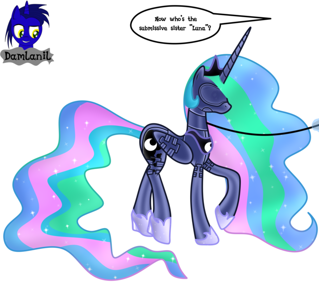 Size: 4154x3840 | Tagged: safe, alternate version, artist:damlanil, derpibooru import, princess celestia, princess luna, alicorn, pony, bdsm, blindfold, bodysuit, bondage, bondage mask, boots, bound wings, catsuit, clothes, collar, comic, commission, corset, crown, ethereal mane, female, gag, gimp suit, high heels, hood, hoof shoes, horn, horn ring, image, implied princess luna, jewelry, latex, latex boots, latex suit, leash, mare, muzzle gag, necklace, png, regalia, ring, rubber, shiny, shiny mane, shoes, show accurate, simple background, solo, speech bubble, suit, text, transparent background, vector, wings