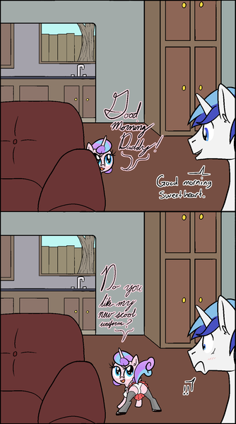 Size: 1080x1940 | Tagged: suggestive, artist:happy harvey, derpibooru import, princess flurry heart, shining armor, alicorn, pony, unicorn, blushing, clothes, couch, dialogue, drawn on phone, ear fluff, father and child, father and daughter, female, fence, filly, foal, image, kitchen, looking back, looking up, male, panties, png, presenting, raised tail, school uniform, schoolgirl, shirt, shoes, skirt, socks, spread legs, spreading, stallion, tail, thigh highs, tree, underwear, upskirt, window