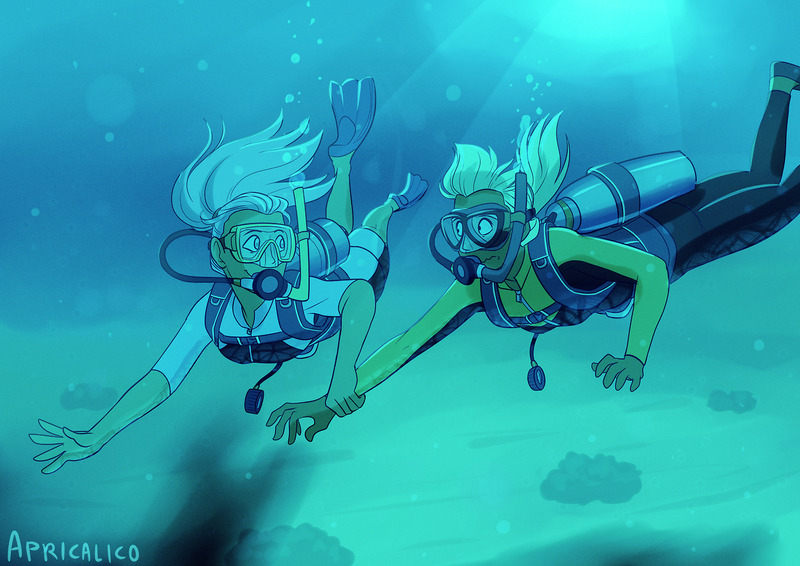 Size: 1280x905 | Tagged: safe, derpibooru import, applejack, fluttershy, equestria girls, appleshy, female, image, jpeg, lesbian, scuba diving, scuba gear, shipping