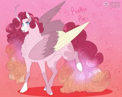 Size: 1280x1020 | Tagged: safe, artist:inisealga, derpibooru import, pinkie pie, alicorn, pony, abstract background, alicornified, alternate design, chest fluff, coat markings, curved horn, facial markings, female, gradient background, horn, image, jpeg, mare, race swap, raised hoof, redesign, socks (coat marking), solo, twitterina design