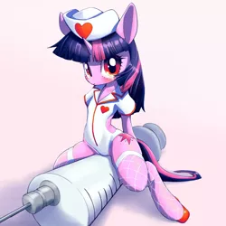 Size: 2000x2000 | Tagged: suggestive, anonymous editor, artist:unousaya, edit, twibooru exclusive, unauthorized edit, twilight sparkle, pony, semi-anthro, unicorn, clothes, female, fishnets, giant syringe, hat, image, looking at you, mare, nurse hat, nurse outfit, png, shoes, solo, solo female, straddling, syringe, unicorn twilight, wingless, wingless edit