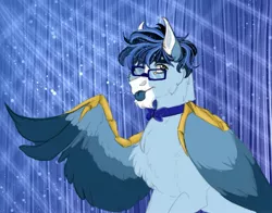 Size: 2877x2253 | Tagged: safe, artist:inisealga, derpibooru import, oc, oc:soaring spirit, unofficial characters only, pegasus, pony, abstract background, bowtie, cheek fluff, chest fluff, coat markings, colored tongue, colored wings, facial markings, folded wings, glasses, gradient background, image, jpeg, male, mlem, multicolored hair, multicolored mane, multicolored wings, neck fluff, one eye closed, pegasus oc, silly, solo, spread wings, stallion, tongue out, wing brace, wings, wink