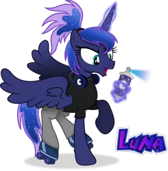 Size: 5301x5417 | Tagged: safe, artist:anime-equestria, derpibooru import, princess luna, alicorn, alternate hairstyle, clothes, graffiti, headphones, horn, image, levitation, magic, png, ponytail, roller skates, solo, spray can, spread wings, telekinesis, wings