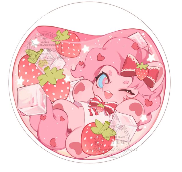 Size: 2023x1915 | Tagged: safe, artist:xieyanbbb, derpibooru import, pinkie pie, earth pony, pony, bottle, bow, chibi, clothes, dress, floating, food, fruit, g4, glass bottle, hair bow, ice cream, image, jpeg, juice, liquid, orb, simple background, solo, strawberry, tiny, tiny ponies, white background
