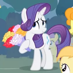 Size: 543x543 | Tagged: safe, derpibooru import, screencap, carrot top, golden harvest, noi, rarity, simple ways, bouquet, bouquet of flowers, cropped, flattered, flower, image, jpeg