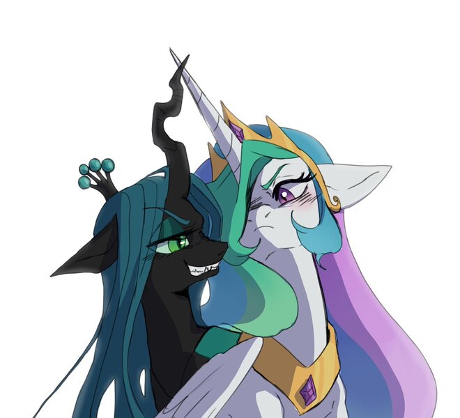 Size: 1200x1091 | Tagged: safe, artist:exxi00, derpibooru import, princess celestia, queen chrysalis, alicorn, changeling, changeling queen, pony, angry, blushing, crown, duo, duo female, eye clipping through hair, eye contact, eyebrows, eyebrows visible through hair, female, frown, grin, image, jewelry, jpeg, lidded eyes, looking at each other, looking at someone, mare, peytral, regalia, simple background, smiling, white background