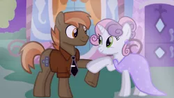 Size: 1280x720 | Tagged: safe, artist:mlplary6, derpibooru import, button mash, sweetie belle, earth pony, pony, unicorn, clothes, dress, female, image, looking at each other, looking at someone, male, mare, older, older button mash, older sweetie belle, png, shipping, smiling, smiling at each other, stallion, straight, sweetiemash