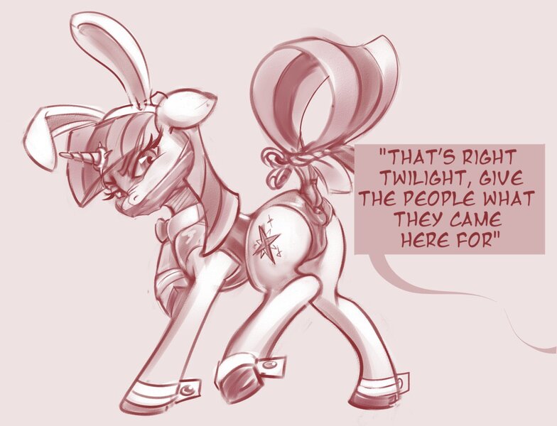 Size: 1380x1056 | Tagged: questionable, artist:applepost67, twilight sparkle, pony, unicorn, animal costume, bunny costume, bunny ears, cameltoe, clothes, costume, dialogue, female, gag, image, jpeg, lingerie, mare, monochrome, nudity, offscreen character, raised tail, solo, solo female, tail, tape, tape gag, unicorn twilight, vulva