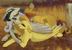 Size: 1440x994 | Tagged: safe, alternate version, artist:faunahoof, derpibooru import, fluttershy, oc, oc:psychoshy, pegasus, fallout equestria, fallout equestria: project horizons, alternate design, alternate universe, crying, elderly, fanfic art, female, grass, grass field, image, jpeg, looking at each other, mother and child, mother and daughter, older, older fluttershy, pegasus oc, pegasus wings, pipbuck, smiling, smiling at each other, spread wings, tears of joy, wings