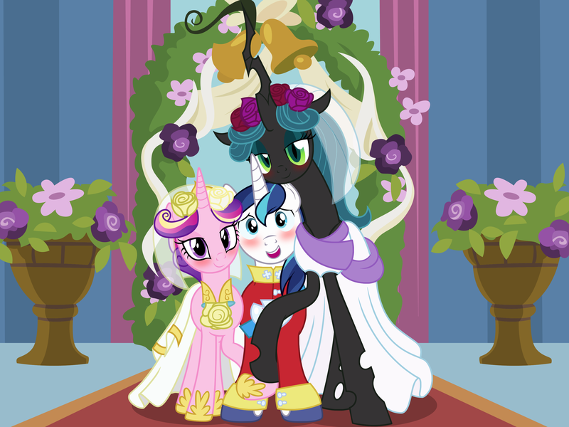 Size: 2984x2238 | Tagged: safe, artist:badumsquish, derpibooru import, princess cadance, queen chrysalis, shining armor, alicorn, changeling, changeling queen, pony, unicorn, a canterlot wedding, a better ending for chrysalis, alternate ending, alternate hairstyle, bigamy, bisexual, blushing, bouquet, bouquet of flowers, canterlot wedding 10th anniversary, cheek rub, chrysarmordance, clothes, derpibooru exclusive, dress, female, floral head wreath, flower, high res, holding hooves, image, lesbian, male, mare, marriage, nervous, nuzzling, png, polyamory, shipping, show accurate, smiling, stallion, straight, trio, wedding, wedding dress, wedding suit, wedding veil