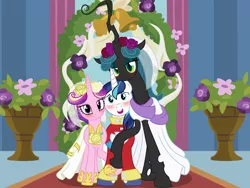 Size: 2984x2238 | Tagged: safe, artist:badumsquish, derpibooru import, princess cadance, queen chrysalis, shining armor, alicorn, changeling, changeling queen, pony, unicorn, a canterlot wedding, a better ending for chrysalis, alternate ending, alternate hairstyle, bigamy, bisexual, blushing, bouquet, bouquet of flowers, canterlot wedding 10th anniversary, cheek rub, chrysarmordance, clothes, derpibooru exclusive, dress, female, floral head wreath, flower, high res, holding hooves, image, lesbian, male, mare, marriage, nervous, nuzzling, png, polyamory, shipping, show accurate, smiling, stallion, straight, trio, wedding, wedding dress, wedding suit, wedding veil