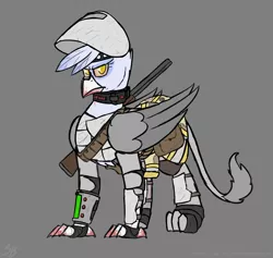 Size: 2400x2274 | Tagged: grimdark, artist:somber, derpibooru import, oc, unofficial characters only, gryphon, fallout equestria, armor, blood, clothes, female, griffon oc, gun, image, jpeg, raider, shotgun, solo, weapon