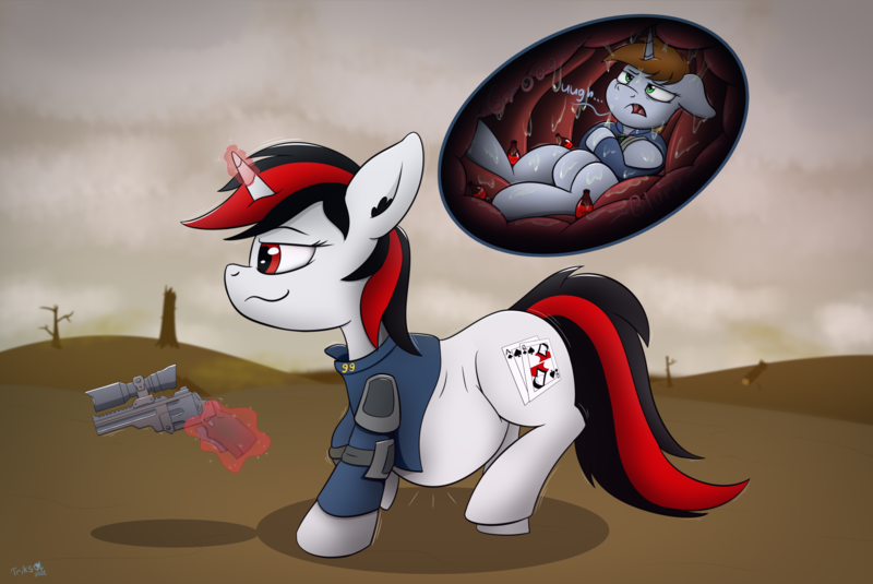 Size: 2304x1540 | Tagged: safe, artist:triksa, derpibooru import, oc, oc:blackjack, oc:littlepip, fallout equestria, fallout equestria: project horizons, belly, bored, fanfic art, image, internal, png, safe vore, vore, walking, wasteland, weapon