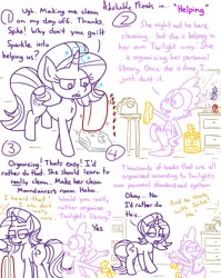 Size: 4779x6013 | Tagged: safe, artist:adorkabletwilightandfriends, derpibooru import, moondancer, spike, starlight glimmer, dragon, pony, unicorn, comic:adorkable twilight and friends, adorkable, adorkable friends, butt, carpet, clean, cleaning, clock, comic, complaining, cute, dork, feet, glow, glowing horn, grumpy, homestar runner, horn, humor, image, magic, mirror, plot, png, reference, reflection, sitting on tail, slice of life, strong bad, strong sad, tail, telekinesis, the cheat, towel, vacuum, vacuum cleaner, whining