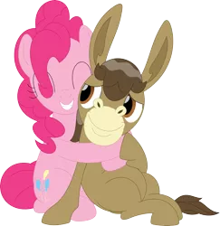 Size: 3445x3545 | Tagged: safe, artist:porygon2z, derpibooru import, pinkie pie, oc, oc:duncan, donkey, earth pony, hug, image, png