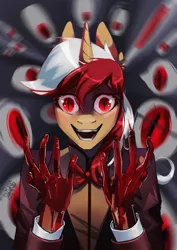 Size: 1280x1811 | Tagged: safe, artist:charlot, derpibooru import, oc, oc:missklang, unofficial characters only, anthro, pony, unicorn, anthro oc, blood, bloody hands, glow, glowing eyes, image, insanity, jpeg, solo